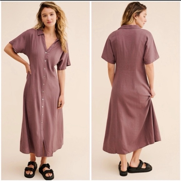 Madewell Linen Blend Button-Front Midi Dress Brown Mauve Size 0 - Picture 2 of 6